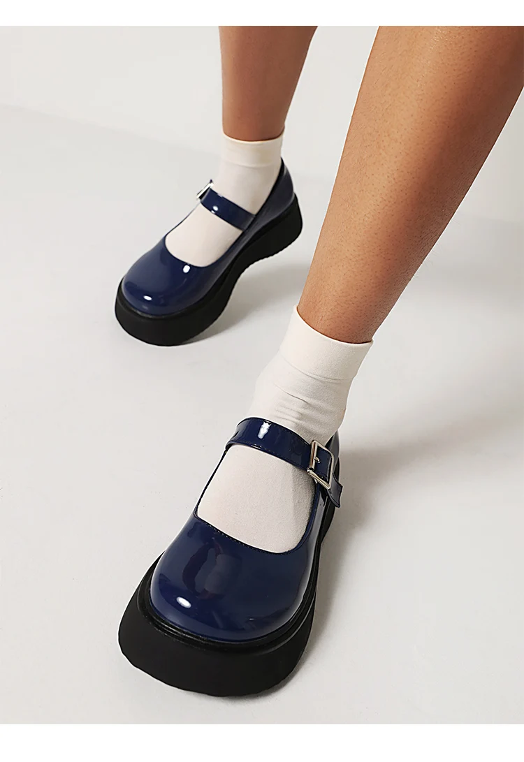 Sweet Dark Blue Mary Jane Shoes Japanese Kawaii Shiny Patent Leather Metal Belt Buckle Women's Pumps Platform Heel Shoes