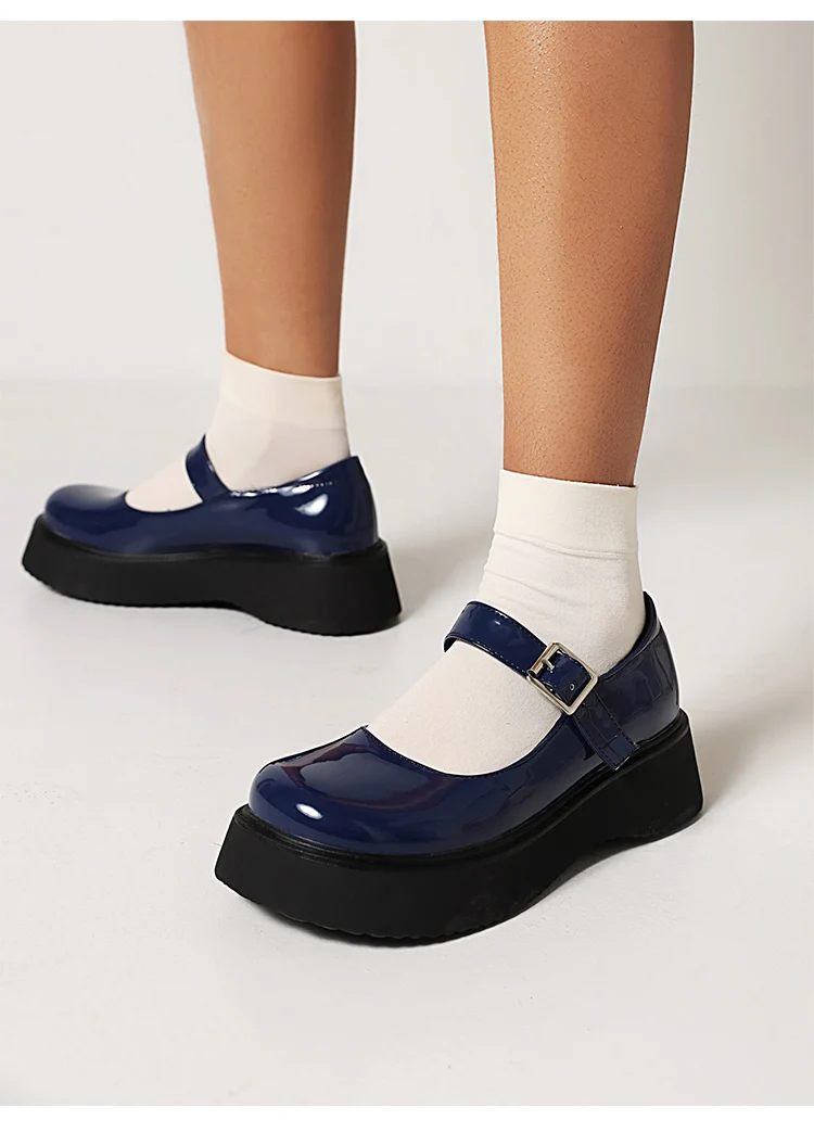 Sweet Dark Blue Mary Jane Shoes Japanese Kawaii Shiny Patent Leather Metal Belt Buckle Women's Pumps Platform Heel Shoes