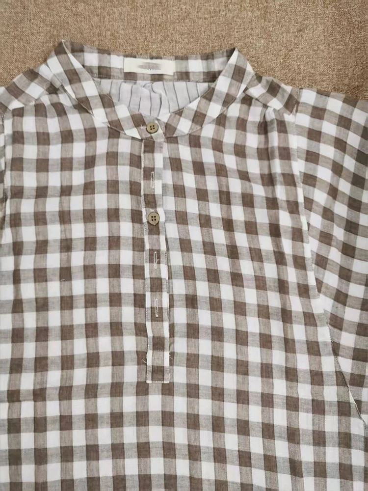 Retro Plaid Cotton Shirt Women's Tee Shirt Loose Stand Collar Tshirt Spring And Summer Three-quarter Sleeve TshirtsWoman Clothes