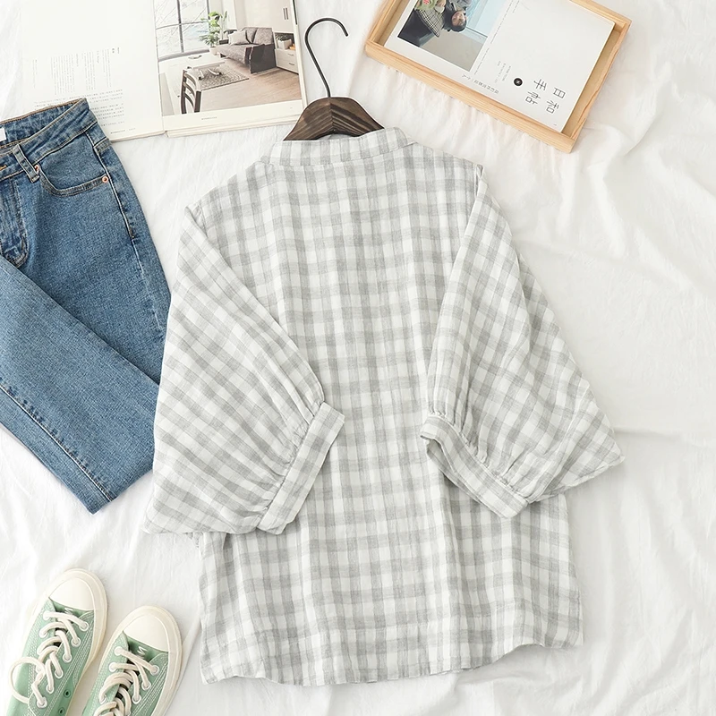 Retro Plaid Cotton Shirt Women's Tee Shirt Loose Stand Collar Tshirt Spring And Summer Three-quarter Sleeve TshirtsWoman Clothes