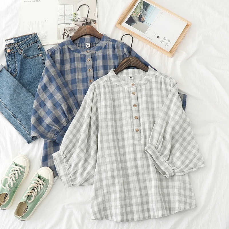 Retro Plaid Cotton Shirt Women's Tee Shirt Loose Stand Collar Tshirt Spring And Summer Three-quarter Sleeve TshirtsWoman Clothes