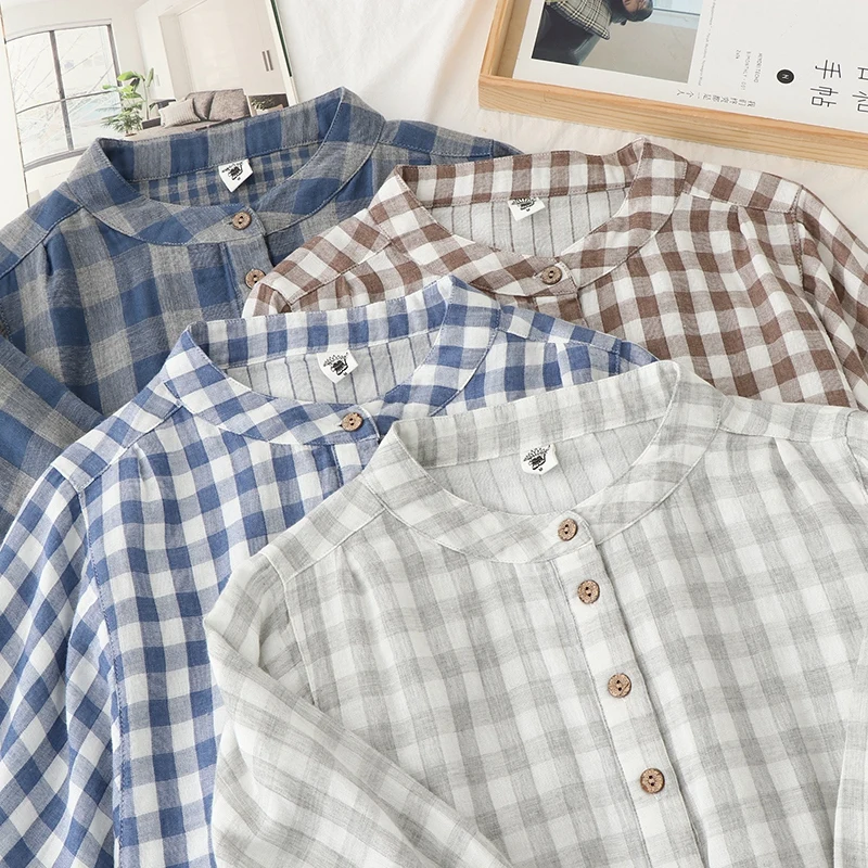 Retro Plaid Cotton Shirt Women's Tee Shirt Loose Stand Collar Tshirt Spring And Summer Three-quarter Sleeve TshirtsWoman Clothes