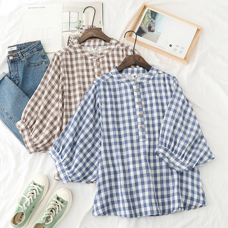 Retro Plaid Cotton Shirt Women's Tee Shirt Loose Stand Collar Tshirt Spring And Summer Three-quarter Sleeve TshirtsWoman Clothes