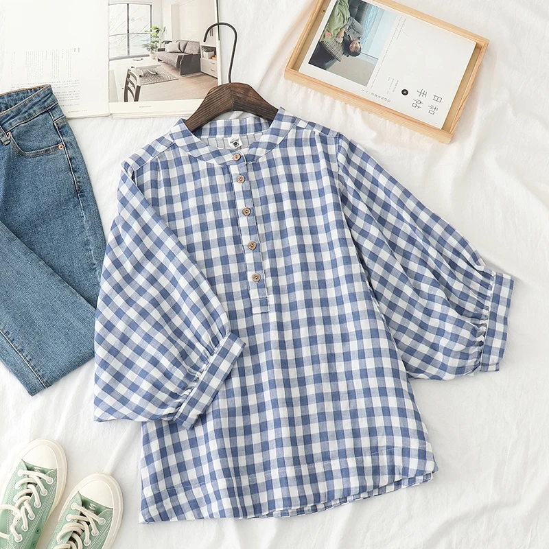 Retro Plaid Cotton Shirt Women's Tee Shirt Loose Stand Collar Tshirt Spring And Summer Three-quarter Sleeve TshirtsWoman Clothes