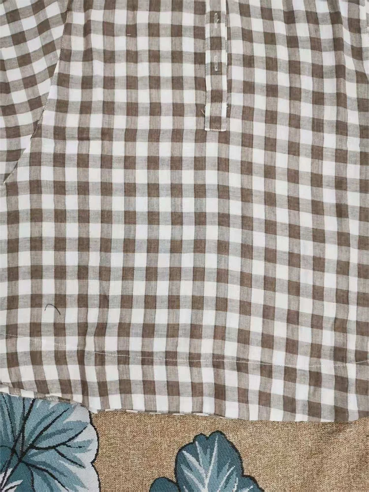 Retro Plaid Cotton Shirt Women's Tee Shirt Loose Stand Collar Tshirt Spring And Summer Three-quarter Sleeve TshirtsWoman Clothes
