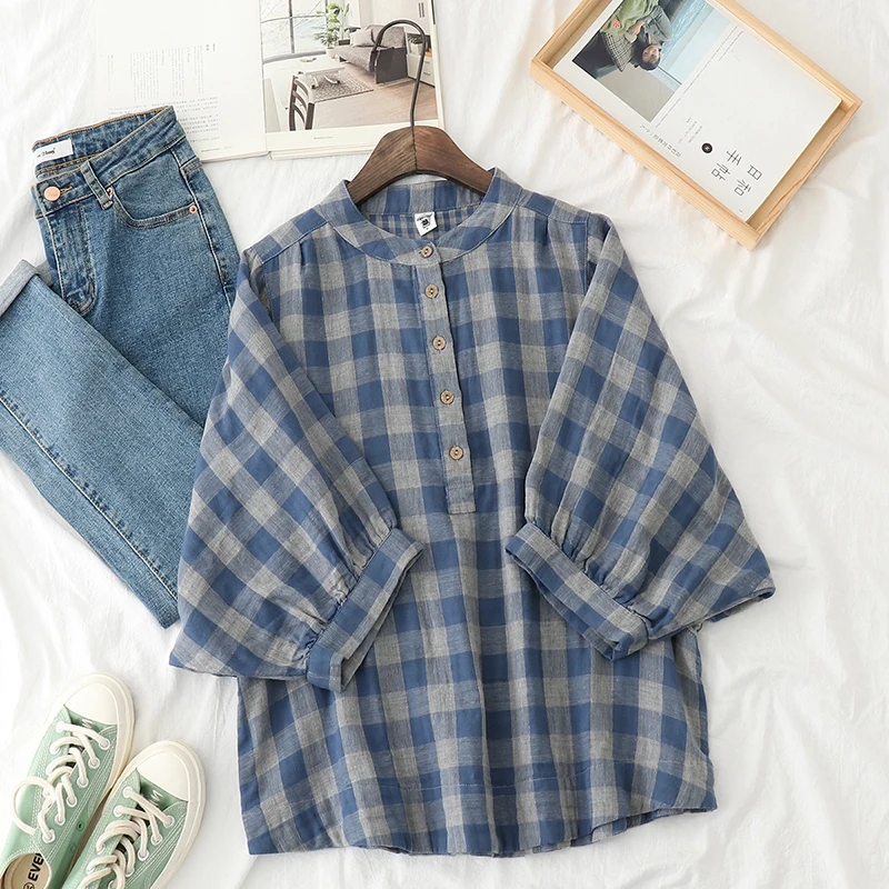 Retro Plaid Cotton Shirt Women's Tee Shirt Loose Stand Collar Tshirt Spring And Summer Three-quarter Sleeve TshirtsWoman Clothes