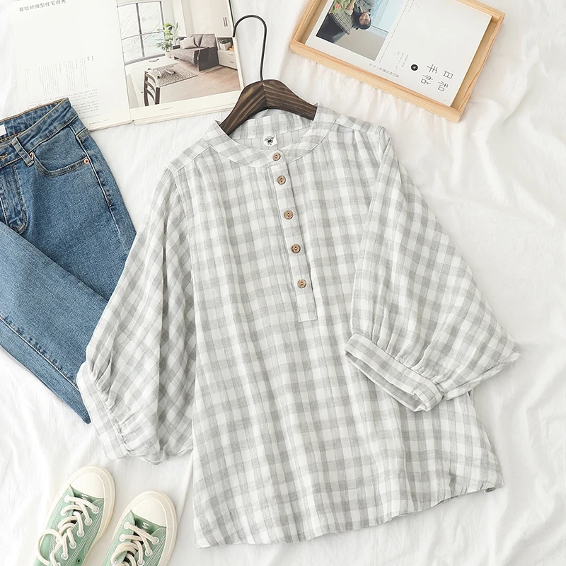 Retro Plaid Cotton Shirt Women's Tee Shirt Loose Stand Collar Tshirt Spring And Summer Three-quarter Sleeve TshirtsWoman Clothes