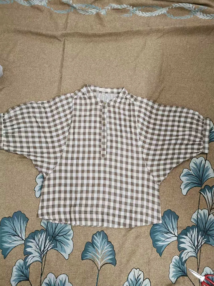 Retro Plaid Cotton Shirt Women's Tee Shirt Loose Stand Collar Tshirt Spring And Summer Three-quarter Sleeve TshirtsWoman Clothes
