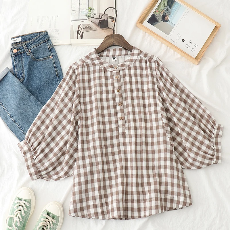 Retro Plaid Cotton Shirt Women's Tee Shirt Loose Stand Collar Tshirt Spring And Summer Three-quarter Sleeve TshirtsWoman Clothes