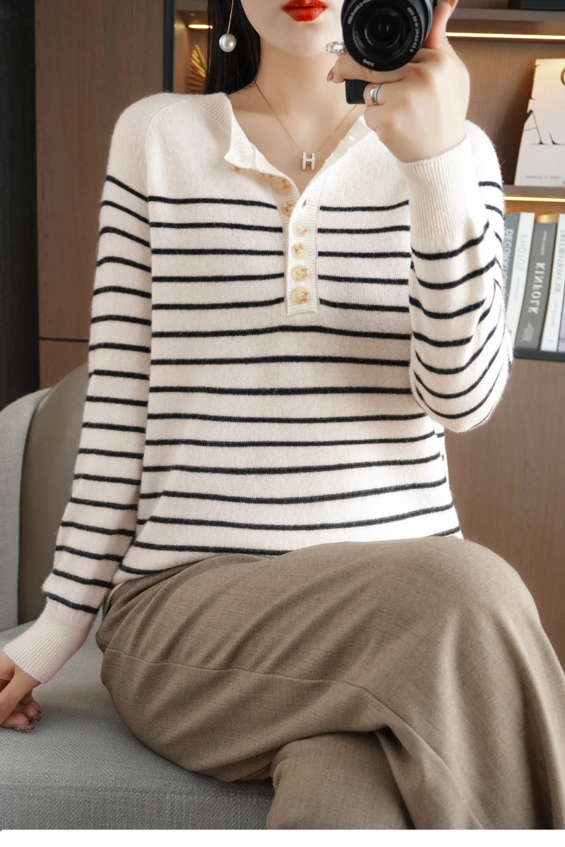 Autumn and Winter Women Striped Wool Blend Sweater O-Neck Sailor Pullover Cashmere Sweater Slim Knitted Warm Base Shirt