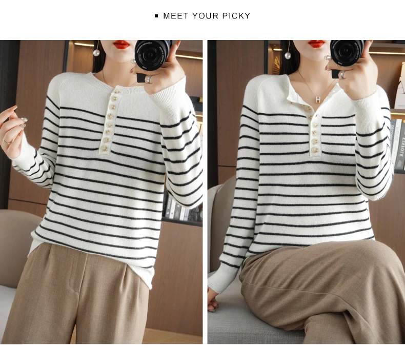Autumn and Winter Women Striped Wool Blend Sweater O-Neck Sailor Pullover Cashmere Sweater Slim Knitted Warm Base Shirt