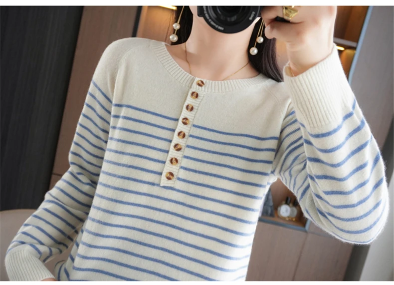 Autumn and Winter Women Striped Wool Blend Sweater O-Neck Sailor Pullover Cashmere Sweater Slim Knitted Warm Base Shirt