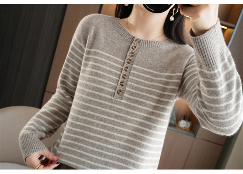 Autumn and Winter Women Striped Wool Blend Sweater O-Neck Sailor Pullover Cashmere Sweater Slim Knitted Warm Base Shirt