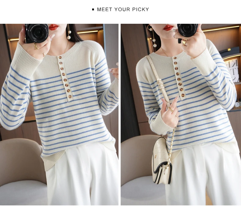 Autumn and Winter Women Striped Wool Blend Sweater O-Neck Sailor Pullover Cashmere Sweater Slim Knitted Warm Base Shirt
