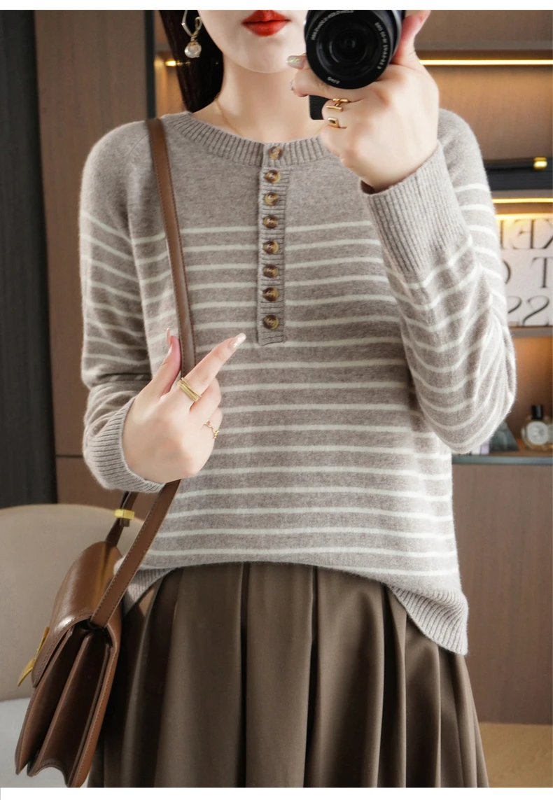 Autumn and Winter Women Striped Wool Blend Sweater O-Neck Sailor Pullover Cashmere Sweater Slim Knitted Warm Base Shirt