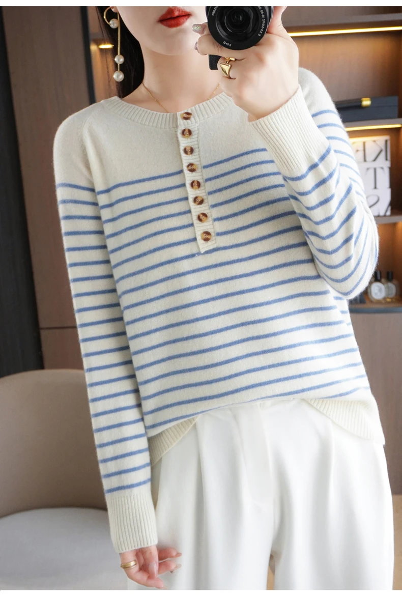 Autumn and Winter Women Striped Wool Blend Sweater O-Neck Sailor Pullover Cashmere Sweater Slim Knitted Warm Base Shirt
