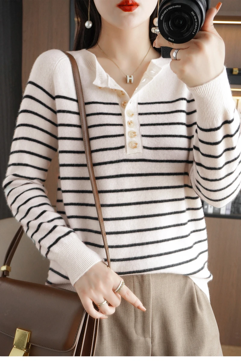 Autumn and Winter Women Striped Wool Blend Sweater O-Neck Sailor Pullover Cashmere Sweater Slim Knitted Warm Base Shirt