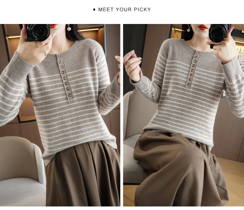 Autumn and Winter Women Striped Wool Blend Sweater O-Neck Sailor Pullover Cashmere Sweater Slim Knitted Warm Base Shirt