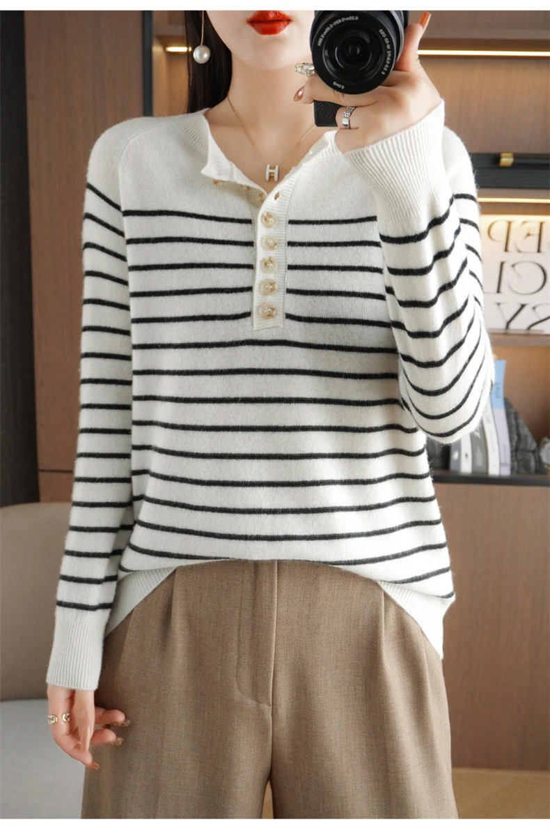 Autumn and Winter Women Striped Wool Blend Sweater O-Neck Sailor Pullover Cashmere Sweater Slim Knitted Warm Base Shirt