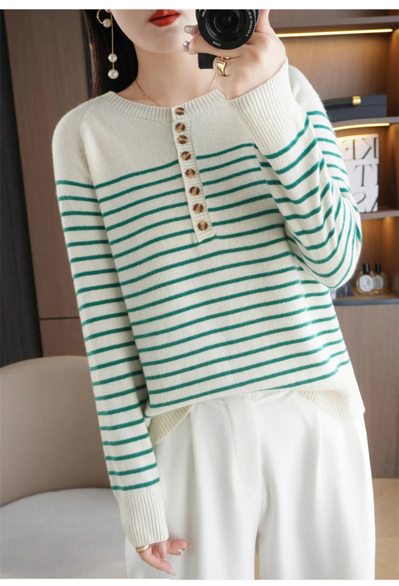 Autumn and Winter Women Striped Wool Blend Sweater O-Neck Sailor Pullover Cashmere Sweater Slim Knitted Warm Base Shirt