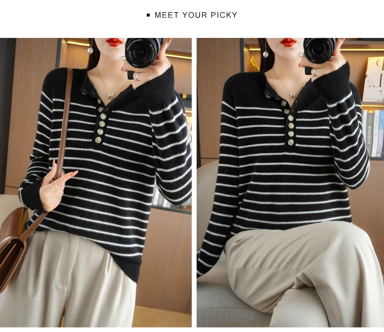 Autumn and Winter Women Striped Wool Blend Sweater O-Neck Sailor Pullover Cashmere Sweater Slim Knitted Warm Base Shirt