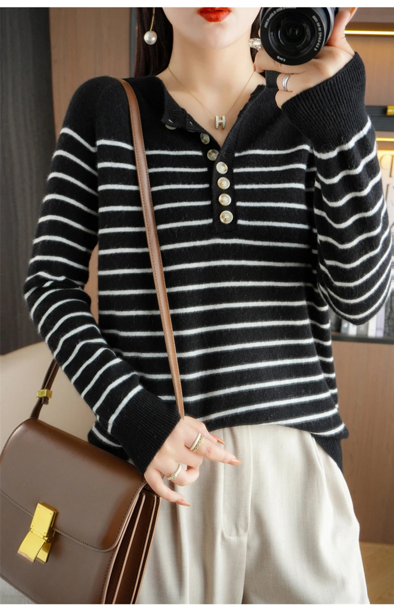 Autumn and Winter Women Striped Wool Blend Sweater O-Neck Sailor Pullover Cashmere Sweater Slim Knitted Warm Base Shirt