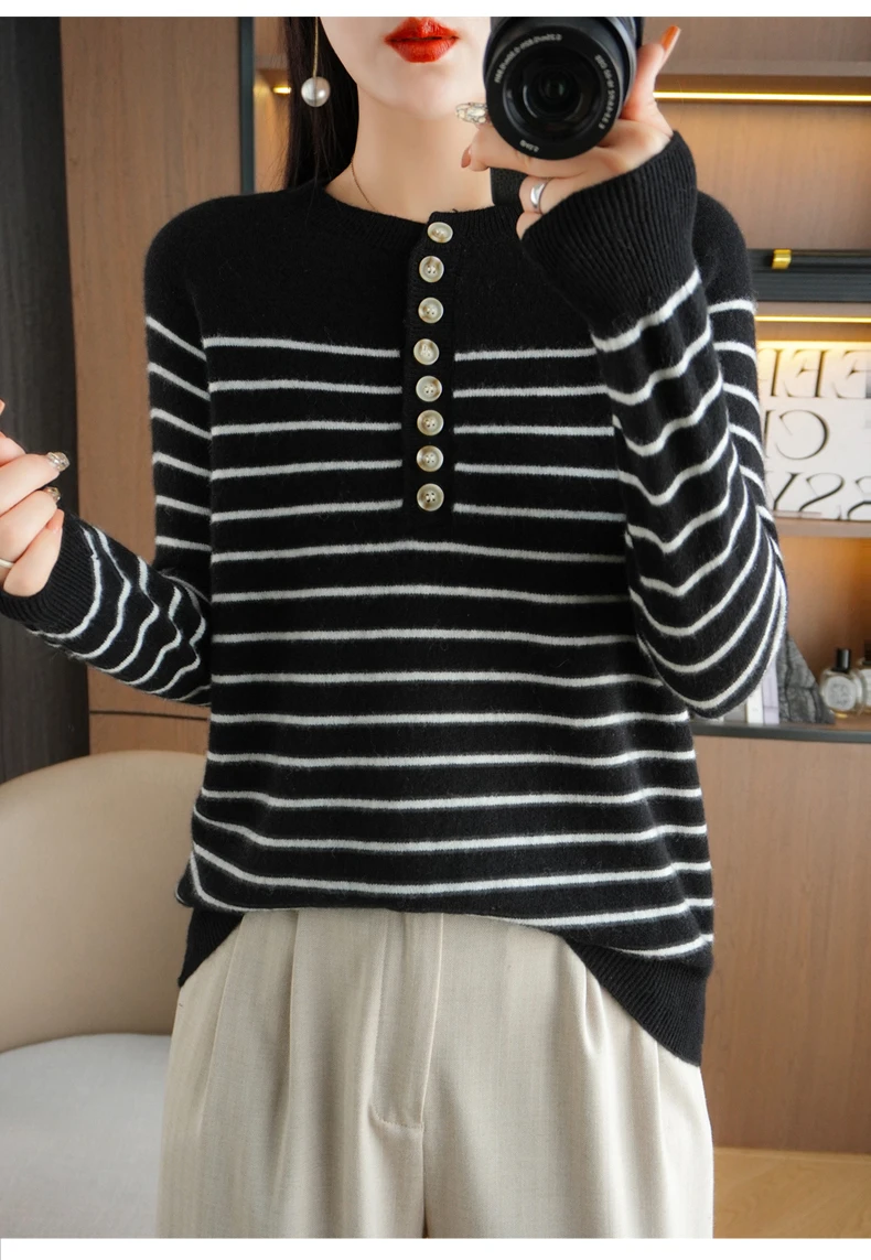 Autumn and Winter Women Striped Wool Blend Sweater O-Neck Sailor Pullover Cashmere Sweater Slim Knitted Warm Base Shirt