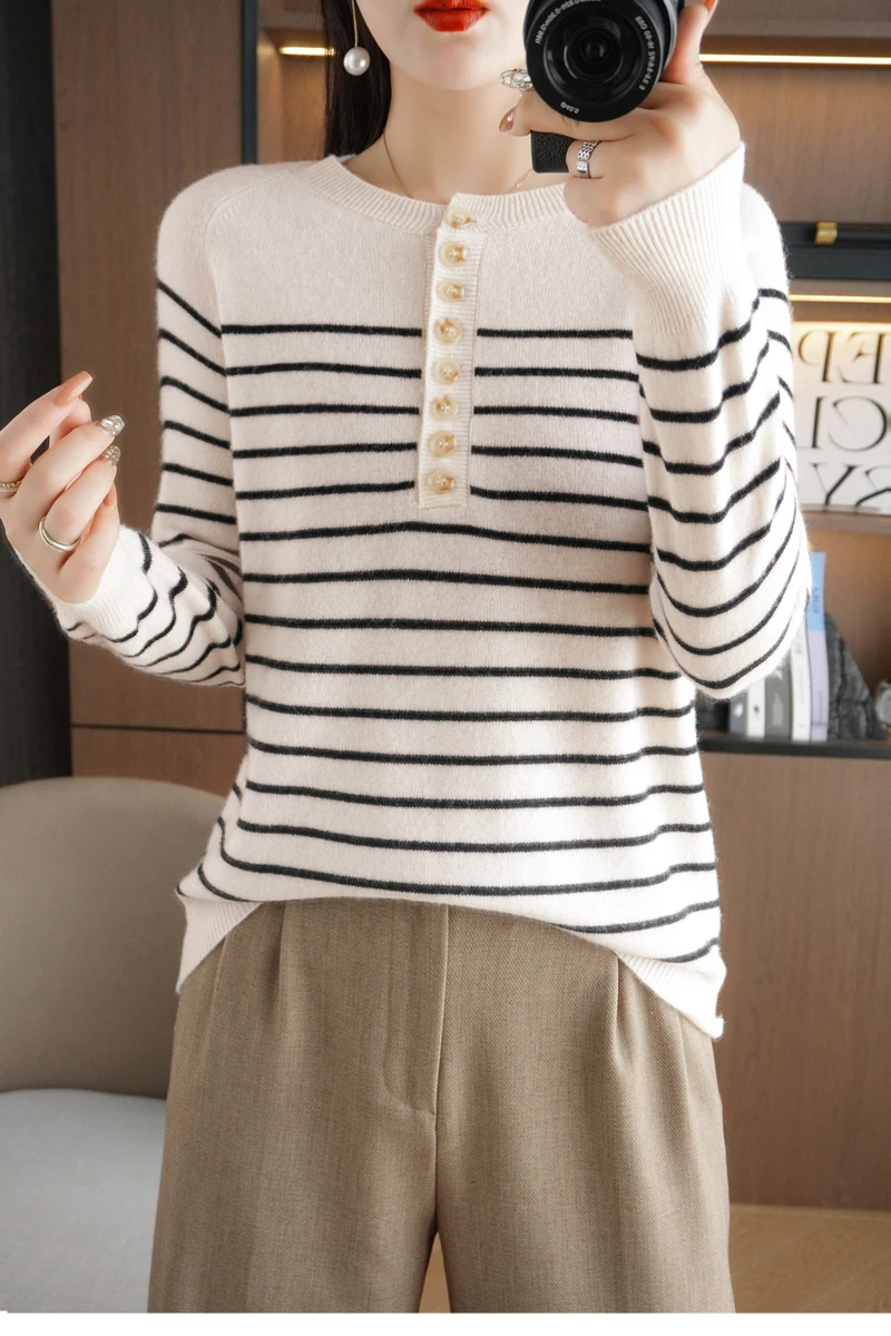 Autumn and Winter Women Striped Wool Blend Sweater O-Neck Sailor Pullover Cashmere Sweater Slim Knitted Warm Base Shirt
