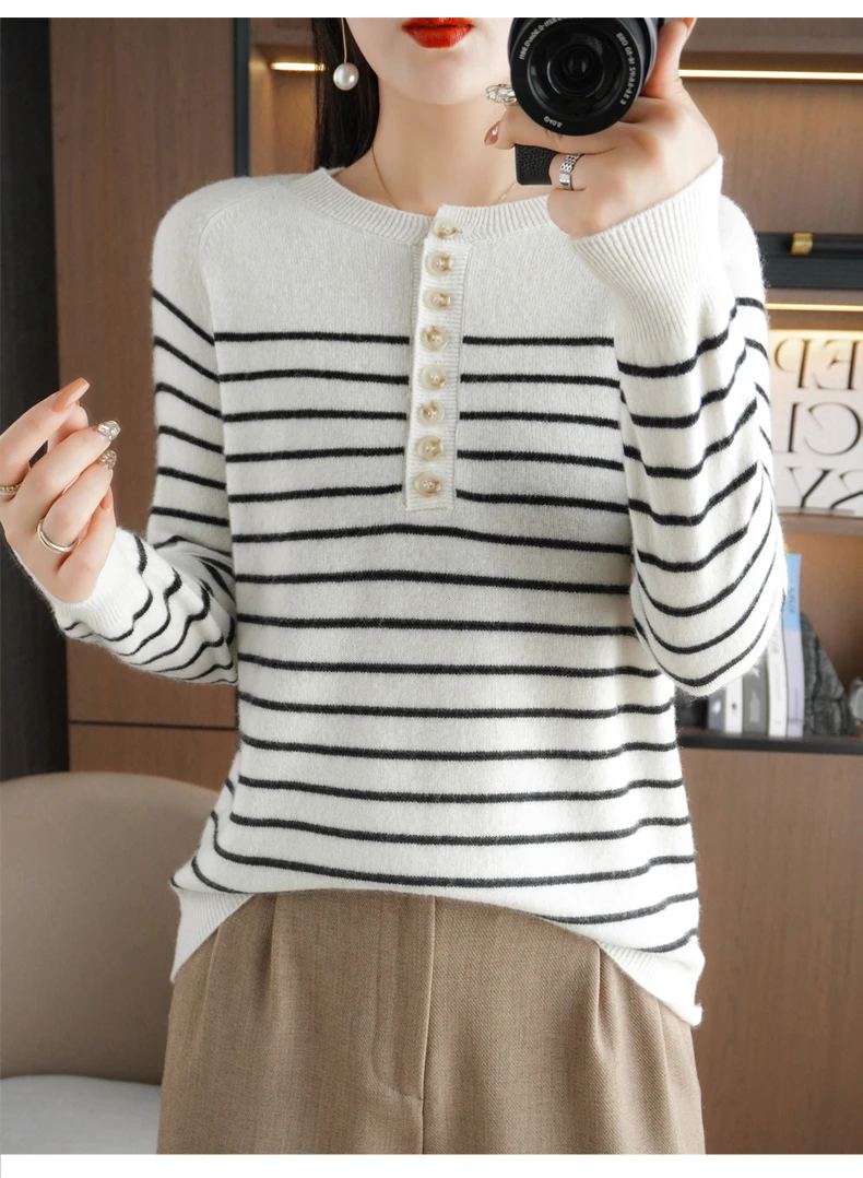 Autumn and Winter Women Striped Wool Blend Sweater O-Neck Sailor Pullover Cashmere Sweater Slim Knitted Warm Base Shirt