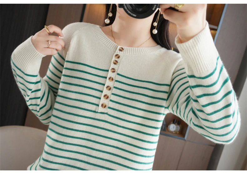 Autumn and Winter Women Striped Wool Blend Sweater O-Neck Sailor Pullover Cashmere Sweater Slim Knitted Warm Base Shirt