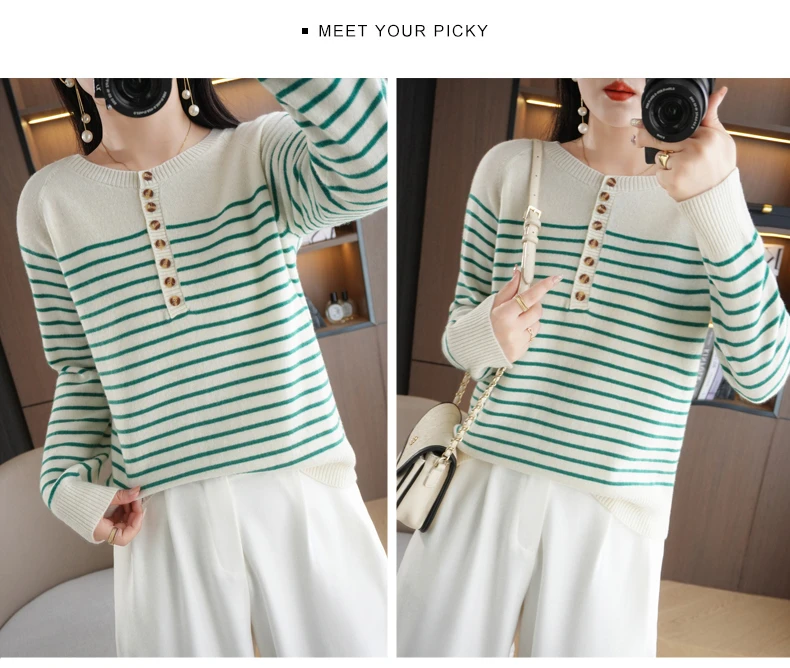 Autumn and Winter Women Striped Wool Blend Sweater O-Neck Sailor Pullover Cashmere Sweater Slim Knitted Warm Base Shirt