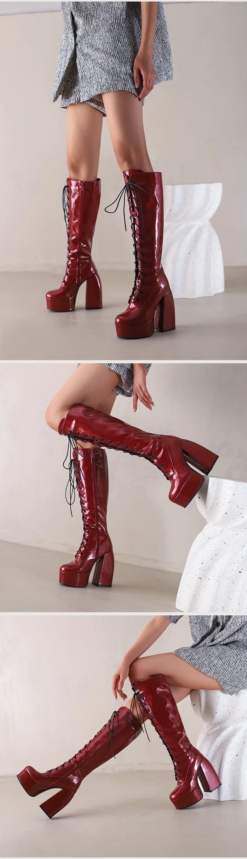Winter Bright Patent Leather Colorful Patent Leather Boots Plus Size Super Thick Heel Platform Cross Lacing Women's Knee Boots
