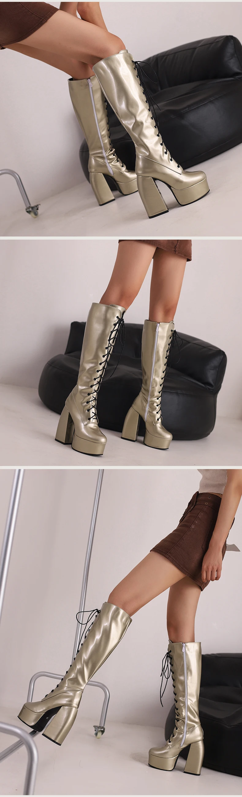Winter Bright Patent Leather Colorful Patent Leather Boots Plus Size Super Thick Heel Platform Cross Lacing Women's Knee Boots