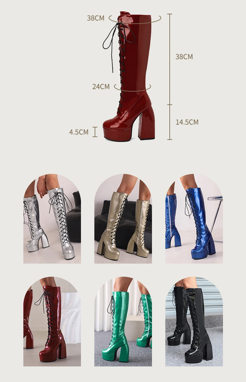 Winter Bright Patent Leather Colorful Patent Leather Boots Plus Size Super Thick Heel Platform Cross Lacing Women's Knee Boots