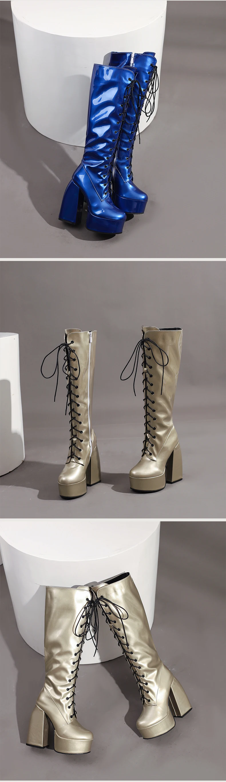 Winter Bright Patent Leather Colorful Patent Leather Boots Plus Size Super Thick Heel Platform Cross Lacing Women's Knee Boots