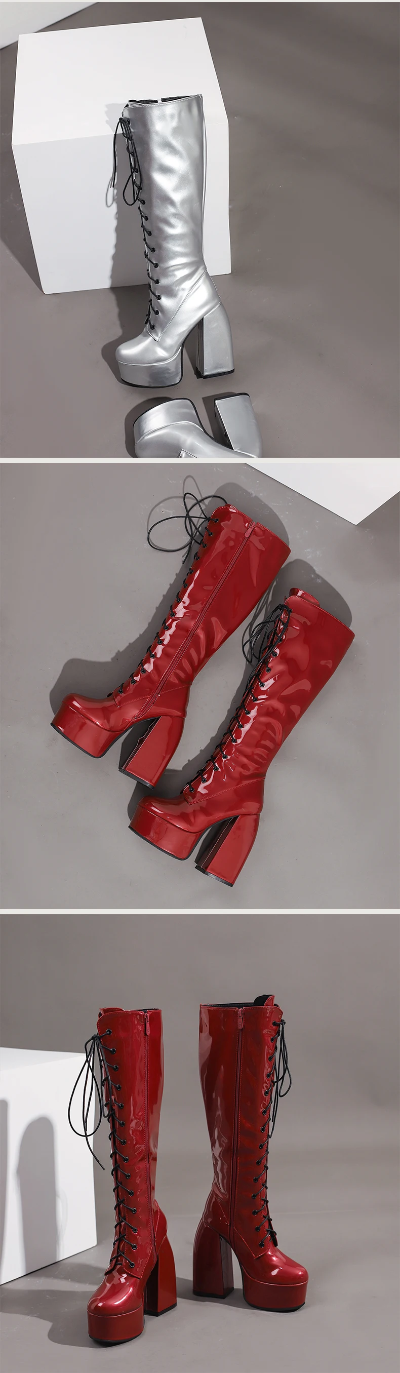 Winter Bright Patent Leather Colorful Patent Leather Boots Plus Size Super Thick Heel Platform Cross Lacing Women's Knee Boots
