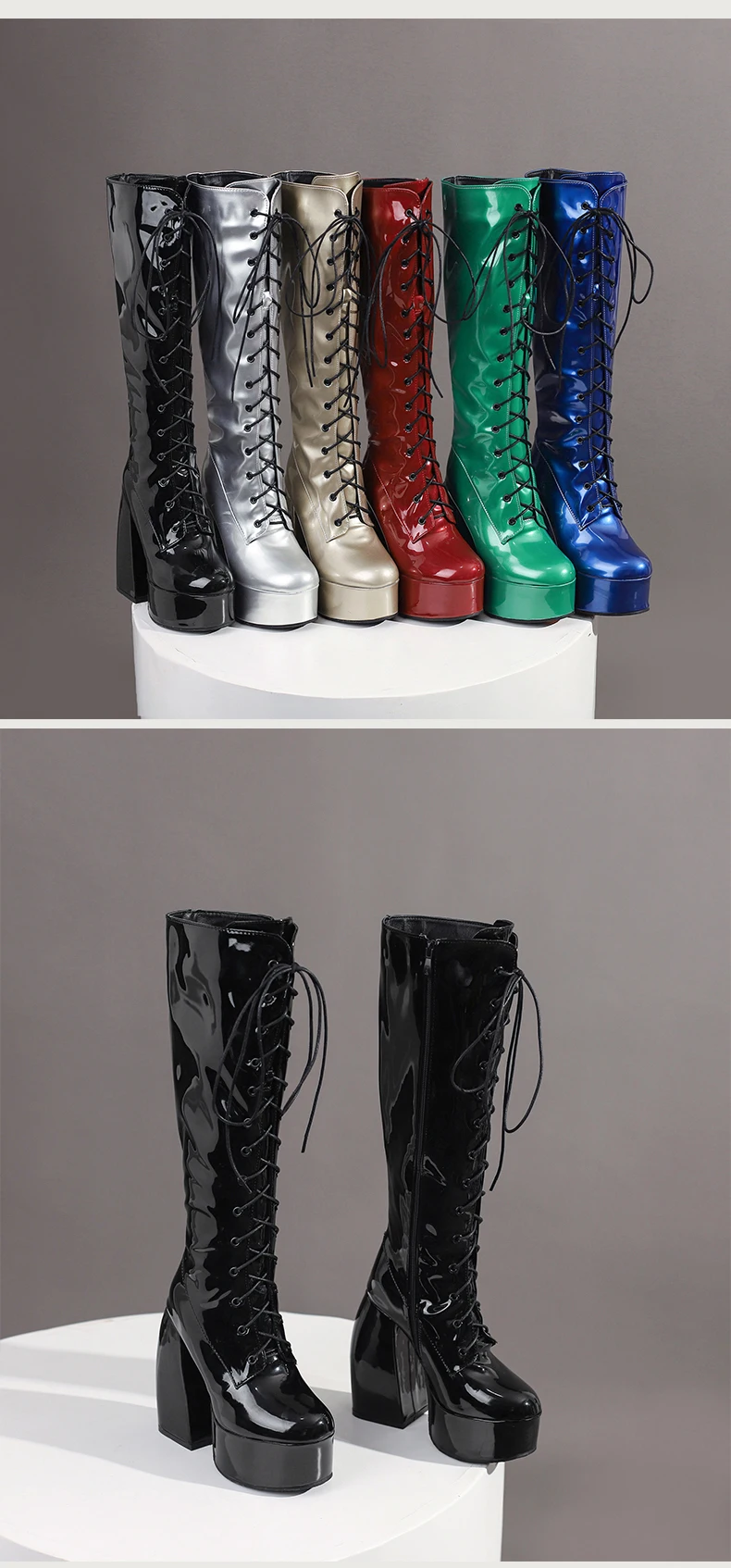 Winter Bright Patent Leather Colorful Patent Leather Boots Plus Size Super Thick Heel Platform Cross Lacing Women's Knee Boots