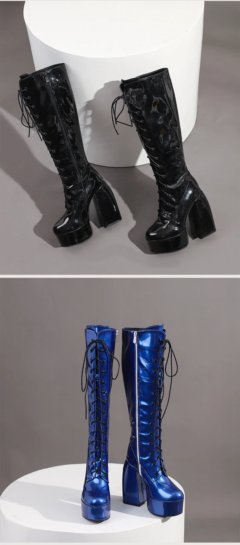 Winter Bright Patent Leather Colorful Patent Leather Boots Plus Size Super Thick Heel Platform Cross Lacing Women's Knee Boots
