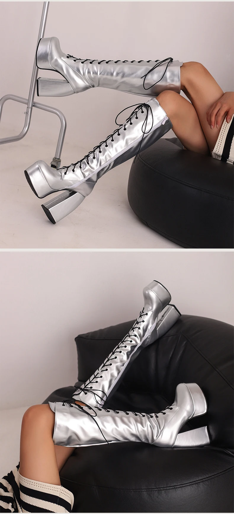Winter Bright Patent Leather Colorful Patent Leather Boots Plus Size Super Thick Heel Platform Cross Lacing Women's Knee Boots