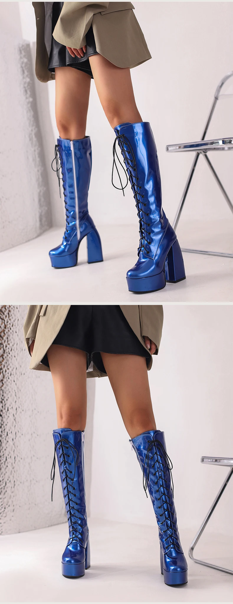 Winter Bright Patent Leather Colorful Patent Leather Boots Plus Size Super Thick Heel Platform Cross Lacing Women's Knee Boots