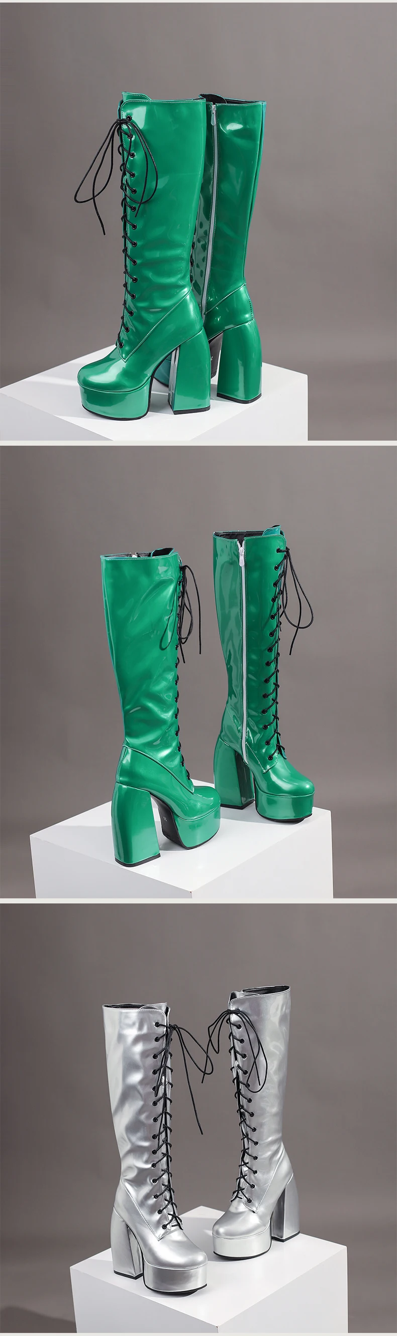 Winter Bright Patent Leather Colorful Patent Leather Boots Plus Size Super Thick Heel Platform Cross Lacing Women's Knee Boots