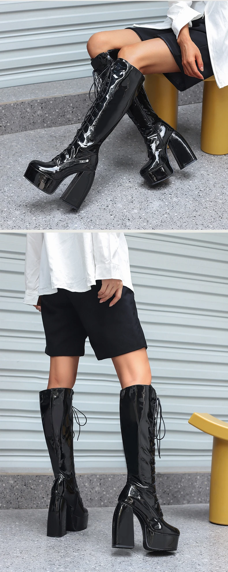 Winter Bright Patent Leather Colorful Patent Leather Boots Plus Size Super Thick Heel Platform Cross Lacing Women's Knee Boots