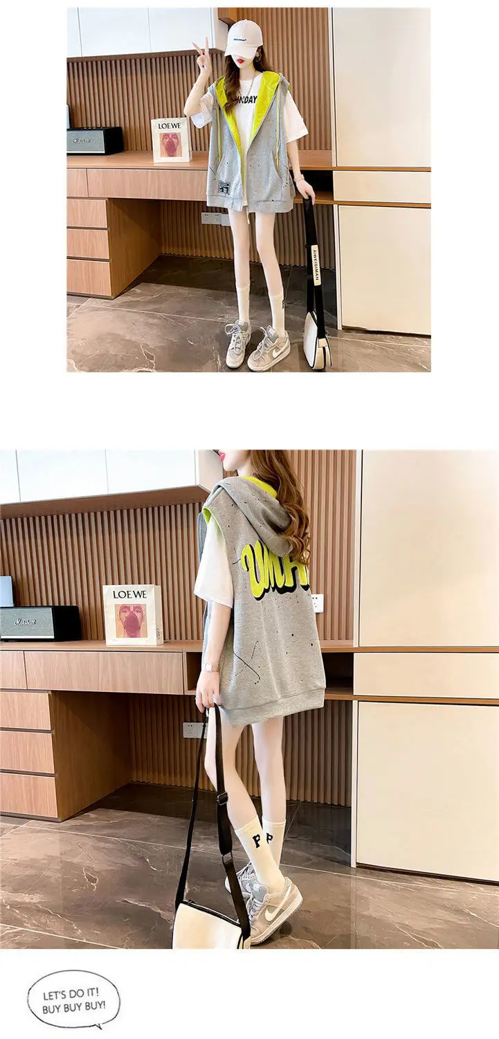 Women's Hooded Sweatshirt Vest Coat Can Be Worn on Both Sides Sleeveless Tops Korean Fashion Streetwear Loose Cotton Cardigan
