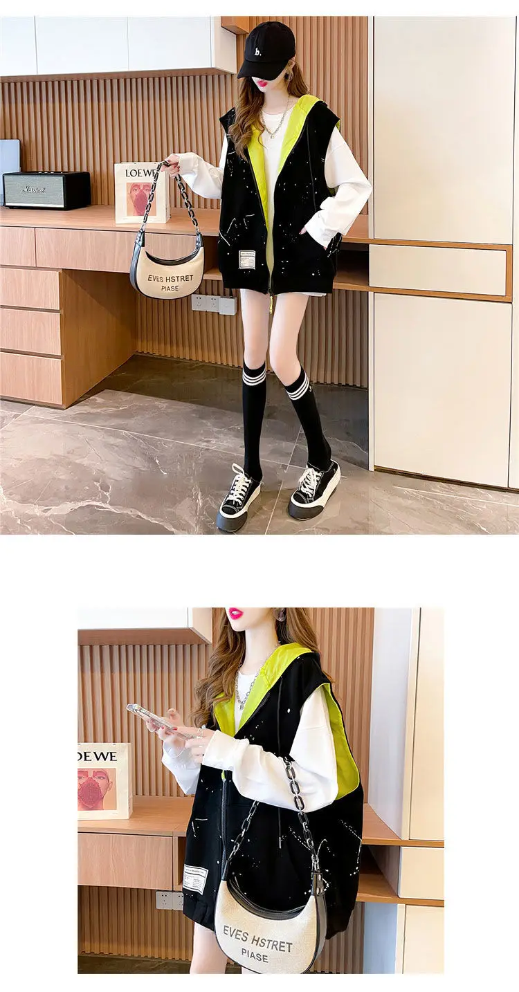 Women's Hooded Sweatshirt Vest Coat Can Be Worn on Both Sides Sleeveless Tops Korean Fashion Streetwear Loose Cotton Cardigan