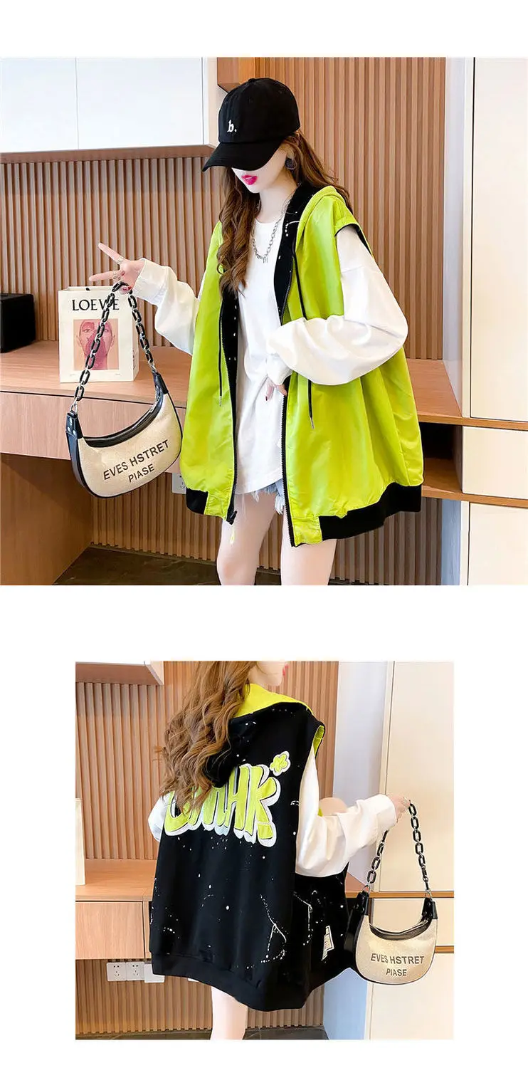 Women's Hooded Sweatshirt Vest Coat Can Be Worn on Both Sides Sleeveless Tops Korean Fashion Streetwear Loose Cotton Cardigan