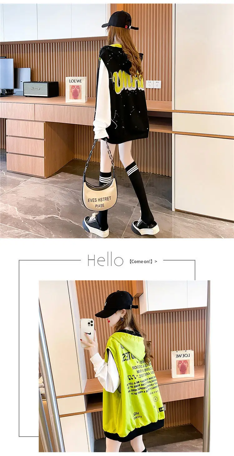 Women's Hooded Sweatshirt Vest Coat Can Be Worn on Both Sides Sleeveless Tops Korean Fashion Streetwear Loose Cotton Cardigan