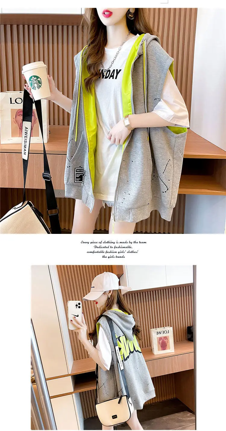 Women's Hooded Sweatshirt Vest Coat Can Be Worn on Both Sides Sleeveless Tops Korean Fashion Streetwear Loose Cotton Cardigan