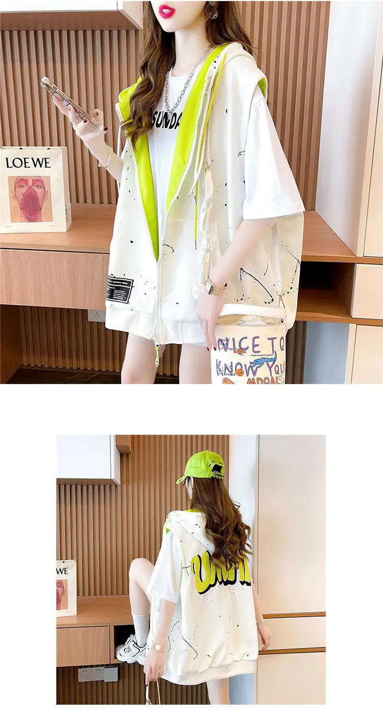 Women's Hooded Sweatshirt Vest Coat Can Be Worn on Both Sides Sleeveless Tops Korean Fashion Streetwear Loose Cotton Cardigan