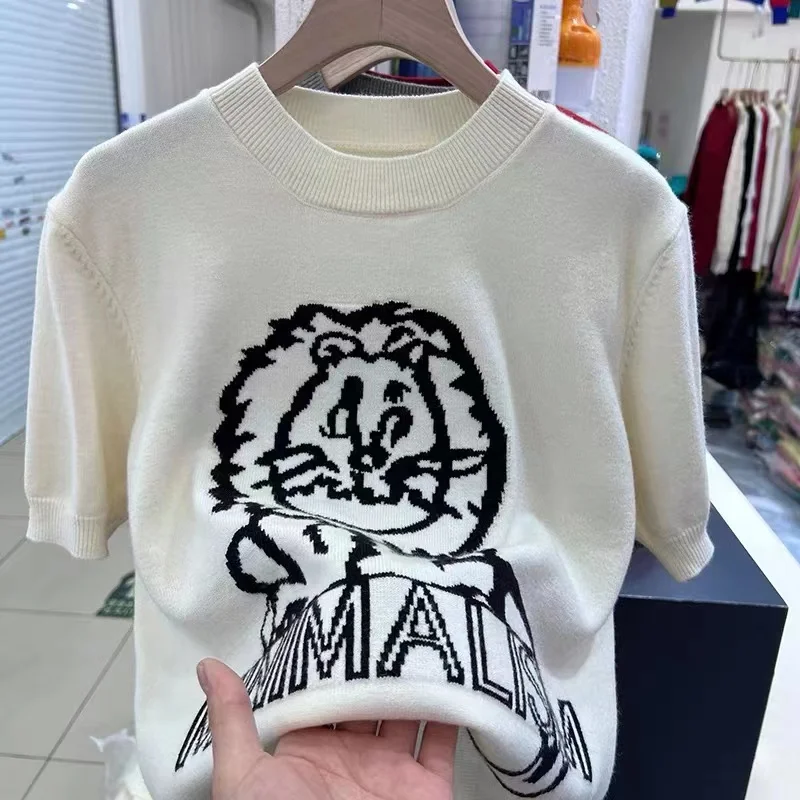 Little Lion short sleeve sweater for women early spring 2022 new chic top niche short half sleeve bottom shirt