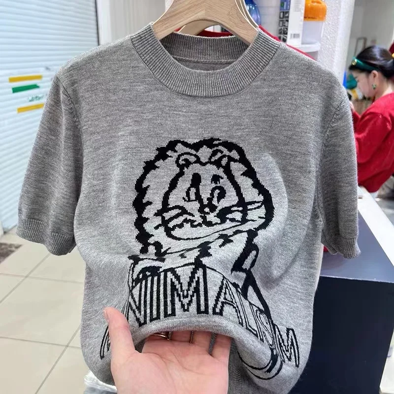 Little Lion short sleeve sweater for women early spring 2022 new chic top niche short half sleeve bottom shirt